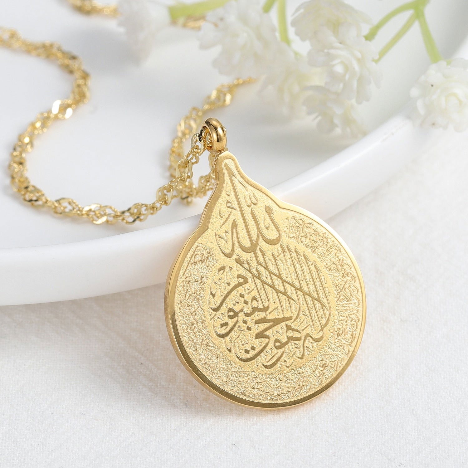 Ayatul Kursi Drop Shape Islamic Necklace - Arabic Name Jewellery